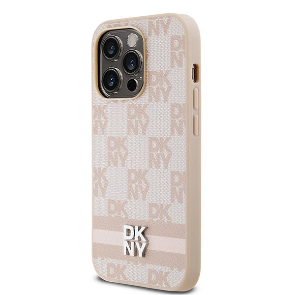 DKNY Leather Checkered Mono Pattern & Printed Stripes case for iPhone 14 Pro - pink