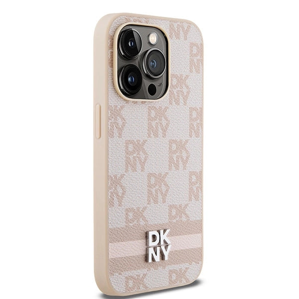 DKNY Leather Checkered Mono Pattern & Printed Stripes case for iPhone 14 Pro - pink