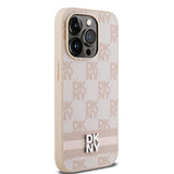 DKNY Leather Checkered Mono Pattern & Printed Stripes case for iPhone 14 Pro - pink