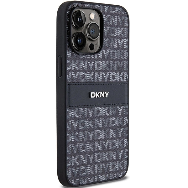 DKNY Leather Mono Stripe & Metal Logo case for iPhone 14 Pro - black