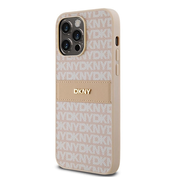 DKNY Leather Mono Stripe & Metal Logo case for iPhone 14 Pro - pink