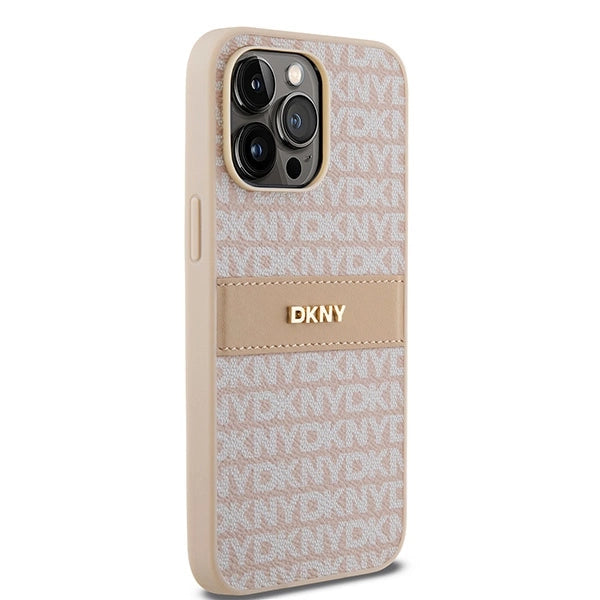 DKNY Leather Mono Stripe & Metal Logo case for iPhone 14 Pro - pink