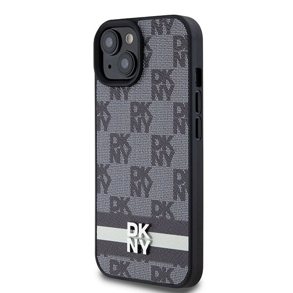 DKNY Leather Checkered Mono Pattern & Printed Stripes Case for iPhone 15/14/13 - Black