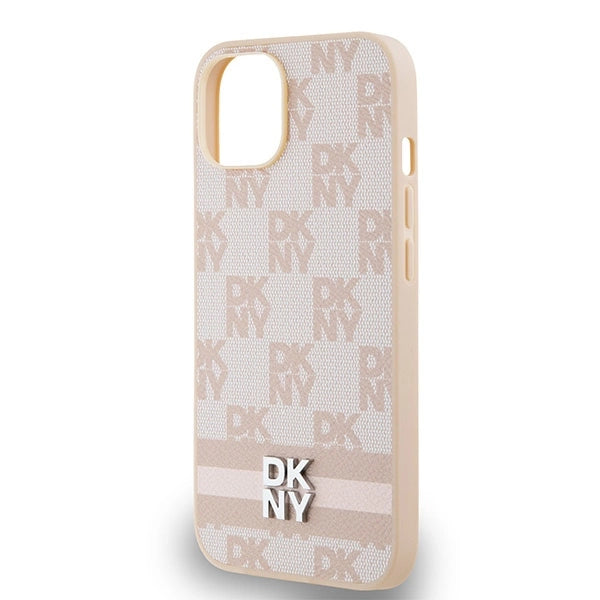 DKNY Leather Checkered Mono Pattern & Printed Stripes case for iPhone 15 / 14 / 13 - pink