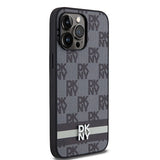 DKNY Leather Checkered Mono Pattern & Printed Stripes Case for iPhone 14 Pro Max - Black