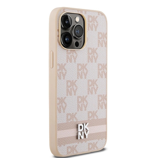 DKNY Leather Checkered Mono Pattern & Printed Stripes case for iPhone 14 Pro Max - pink