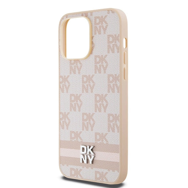 DKNY Leather Checkered Mono Pattern & Printed Stripes case for iPhone 14 Pro Max - pink