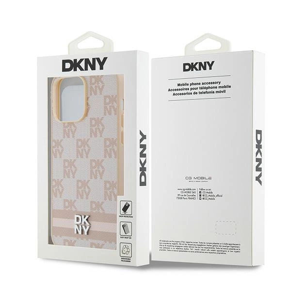 DKNY Leather Checkered Mono Pattern & Printed Stripes case for iPhone 14 Pro Max - pink
