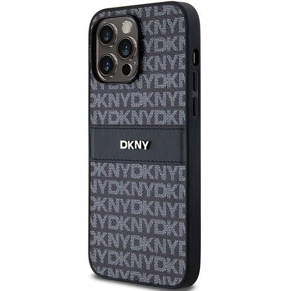 DKNY Leather Mono Stripe & Metal Logo case for iPhone 14 Pro Max - black
