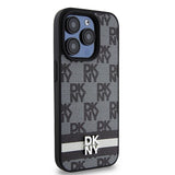 DKNY Leather Checkered Mono Pattern & Printed Stripes iPhone 15 Pro Case - Black