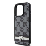 DKNY Leather Checkered Mono Pattern & Printed Stripes iPhone 15 Pro Case - Black