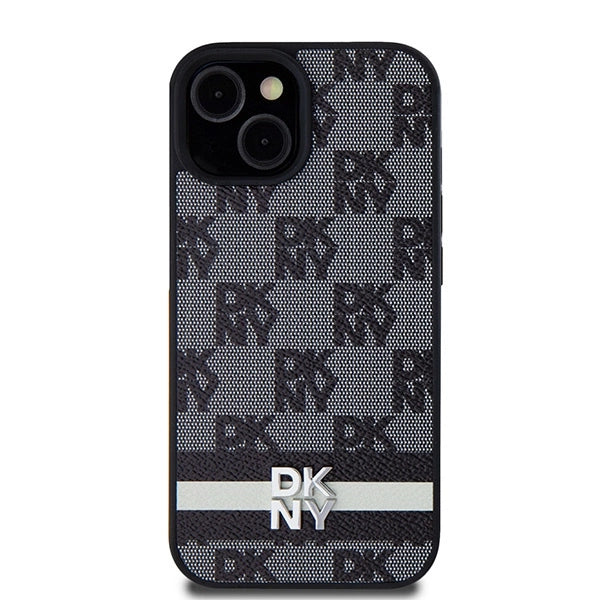 DKNY Leather Checkered Mono Pattern & Printed Stripes Case for iPhone 15 Plus / 14 Plus - Black
