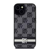 DKNY Leather Checkered Mono Pattern & Printed Stripes Case for iPhone 15 Plus / 14 Plus - Black