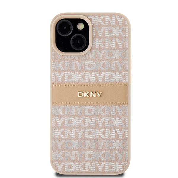 DKNY Leather Mono Stripe & Metal Logo Case for iPhone 15 Plus / 14 Plus - Pink