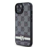 DKNY Leather Checkered Mono Pattern & Printed Stripes Case for iPhone 15/14/13 - Black
