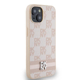 DKNY Leather Checkered Mono Pattern & Printed Stripes case for iPhone 15 / 14 / 13 - pink