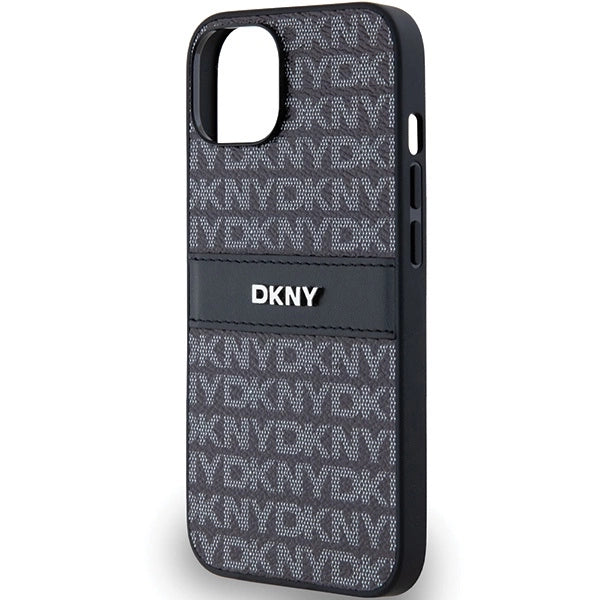 DKNY Leather Mono Stripe & Metal Logo Case for iPhone 15/14/13 - Black