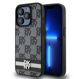 DKNY Leather Checkered Mono Pattern & Printed Stripes Case for iPhone 15 Pro Max - Black