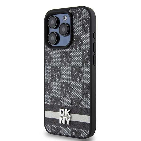 DKNY Leather Checkered Mono Pattern & Printed Stripes Case for iPhone 15 Pro Max - Black