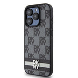 DKNY Leather Checkered Mono Pattern & Printed Stripes Case for iPhone 15 Pro Max - Black