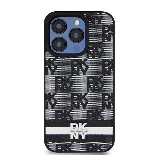 DKNY Leather Checkered Mono Pattern & Printed Stripes Case for iPhone 15 Pro Max - Black