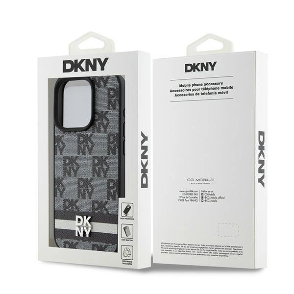 DKNY Leather Checkered Mono Pattern & Printed Stripes Case for iPhone 15 Pro Max - Black