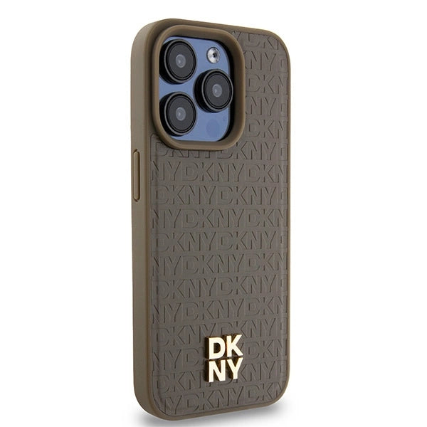 DKNY Leather Pattern Metal Logo MagSafe case for iPhone 14 Pro - brown
