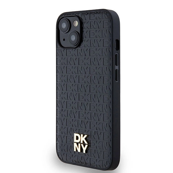 DKNY Leather Monogram Pattern Metal Logo MagSafe Case for iPhone 15/14/13 - Black