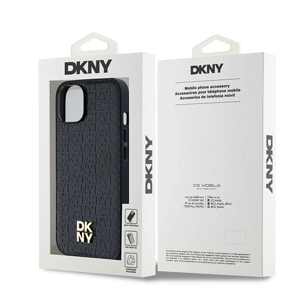 DKNY Leather Monogram Pattern Metal Logo MagSafe Case for iPhone 15/14/13 - Black