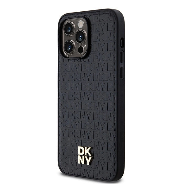 DKNY Leather Monogram Pattern Metal Logo MagSafe Case for iPhone 14 Pro Max - Black