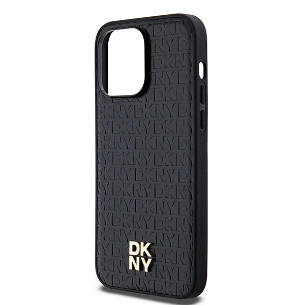 DKNY Leather Monogram Pattern Metal Logo MagSafe Case for iPhone 14 Pro Max - Black