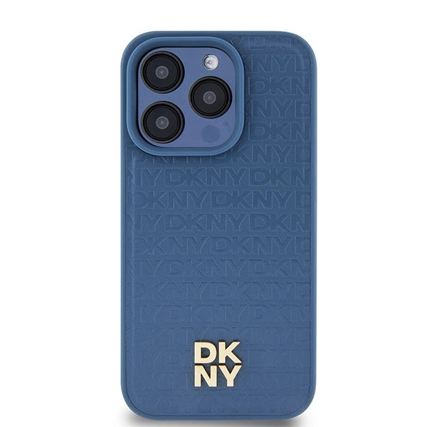 DKNY Leather Monogram Pattern Metal Logo MagSafe Case for iPhone 15 Pro - Blue