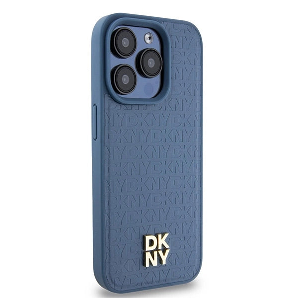 DKNY Leather Monogram Pattern Metal Logo MagSafe Case for iPhone 15 Pro - Blue