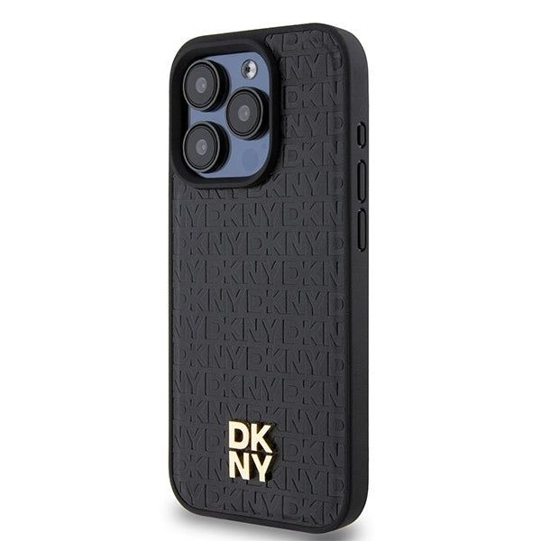 DKNY Leather Monogram Pattern Metal Logo MagSafe Case for iPhone 15 Pro - Black