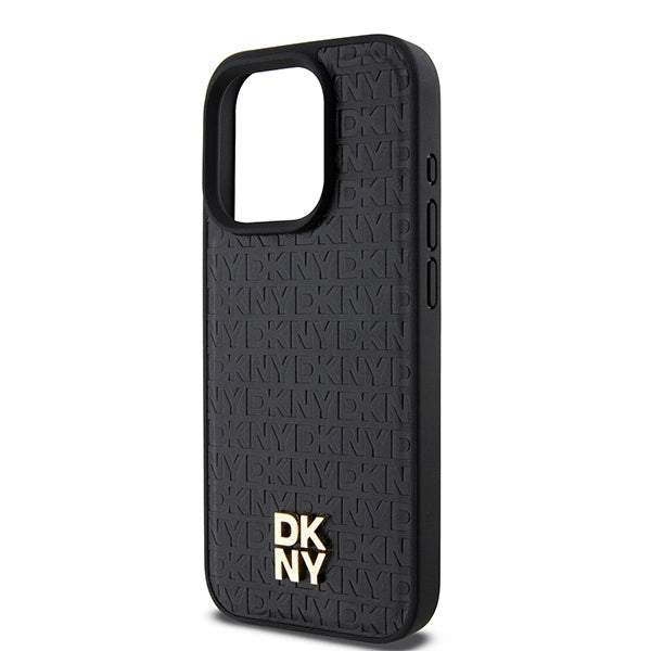 DKNY Leather Monogram Pattern Metal Logo MagSafe Case for iPhone 15 Pro - Black