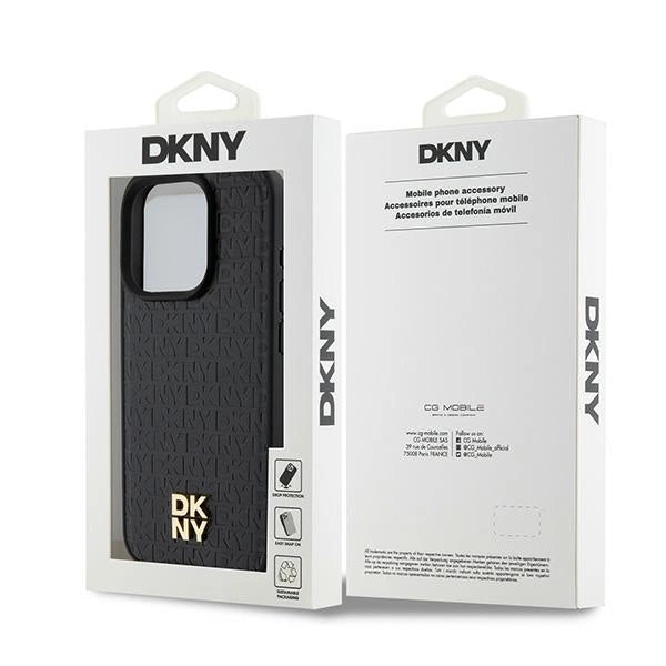 DKNY Leather Monogram Pattern Metal Logo MagSafe Case for iPhone 15 Pro - Black
