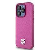 DKNY Leather Monogram Pattern Metal Logo MagSafe Case for iPhone 15 Pro - Pink