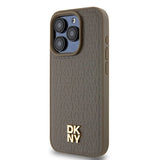 DKNY Leather Monogram Pattern Metal Logo MagSafe Case for iPhone 15 Pro - Brown