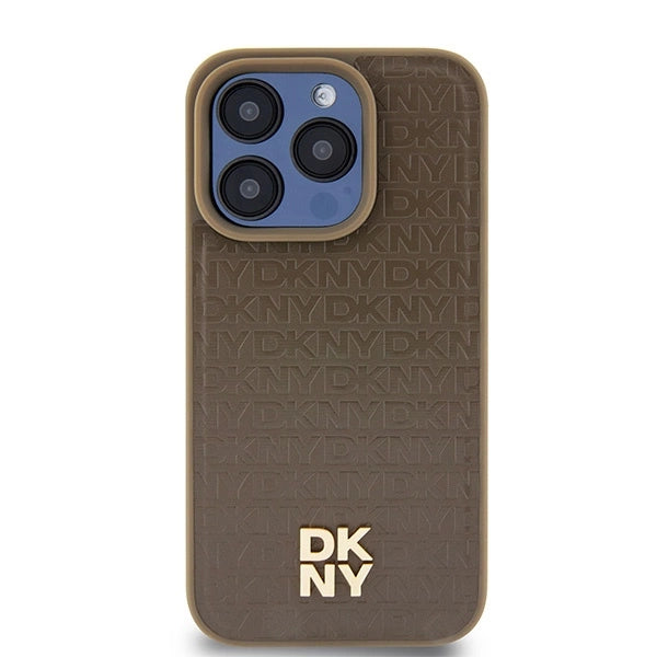 DKNY Leather Monogram Pattern Metal Logo MagSafe Case for iPhone 15 Pro - Brown