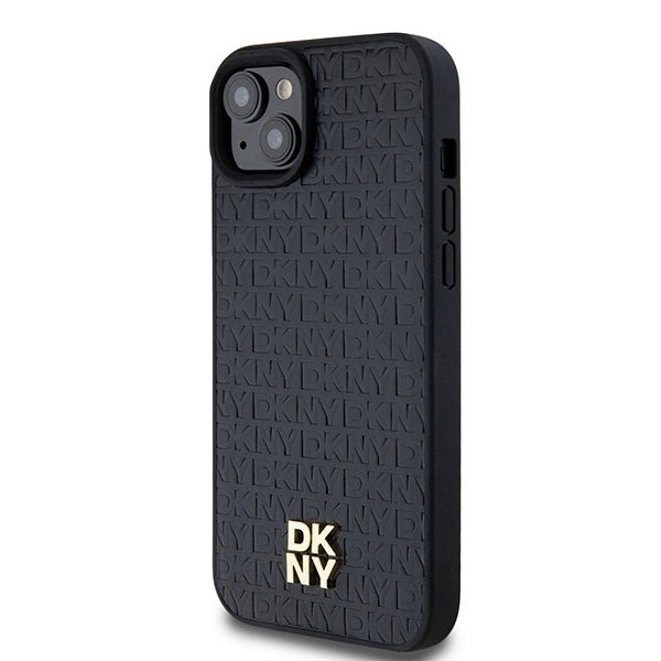 DKNY Leather Monogram Pattern Metal Logo MagSafe Case for iPhone 15 Plus / 14 Plus - Black