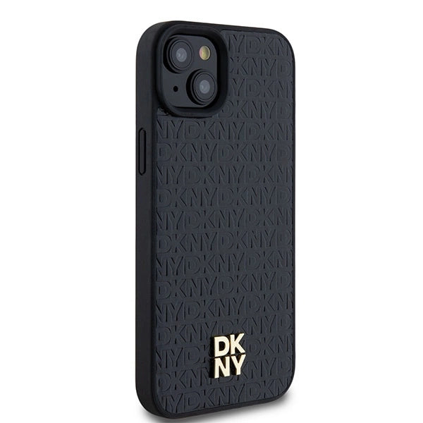 DKNY Leather Monogram Pattern Metal Logo MagSafe Case for iPhone 15 Plus / 14 Plus - Black