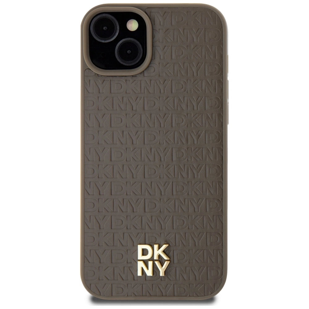 DKNY Leather Pattern Metal Logo MagSafe Case for iPhone 15 Plus / 14 Plus - Brown