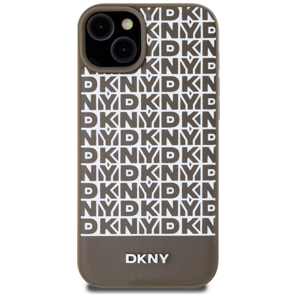 DKNY Leather Printed Pattern Metal Logo MagSafe Case for iPhone 15 / 14 / 13 - Brown