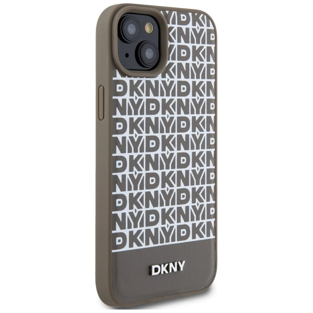 DKNY Leather Printed Pattern Metal Logo MagSafe Case for iPhone 15 / 14 / 13 - Brown