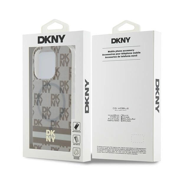 DKNY IML Checkered Mono Pattern & Printed Stripes MagSafe case for iPhone 15 Pro Max - beige