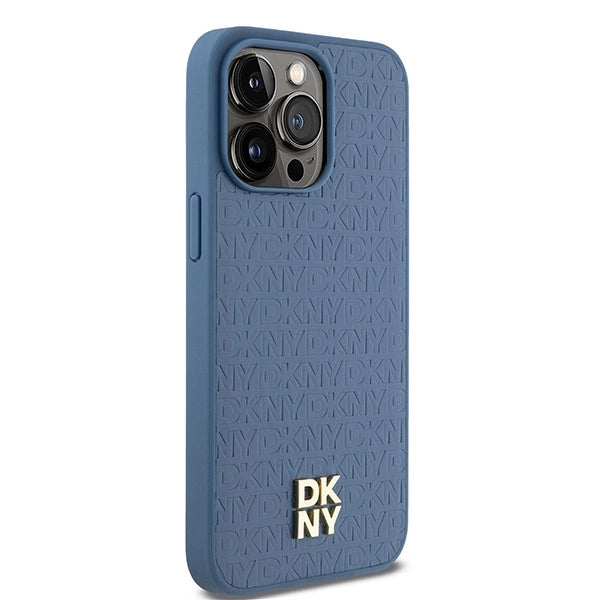DKNY Leather Monogram Pattern Metal Logo MagSafe Case for iPhone 15 Pro Max - Blue