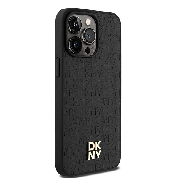 DKNY Leather Monogram Pattern Metal Logo MagSafe Case for iPhone 15 Pro Max - Black