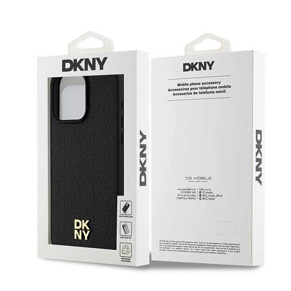 DKNY Leather Monogram Pattern Metal Logo MagSafe Case for iPhone 15 Pro Max - Black