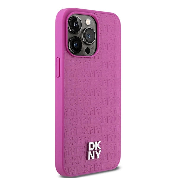 DKNY Leather Monogram Pattern Metal Logo MagSafe Case for iPhone 15 Pro Max - Pink