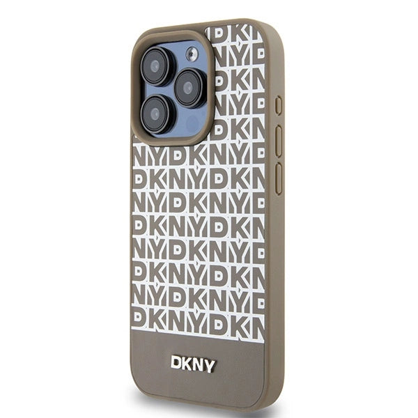 DKNY Leather Printed Pattern Metal Logo MagSafe Case for iPhone 15 Pro Max - Brown